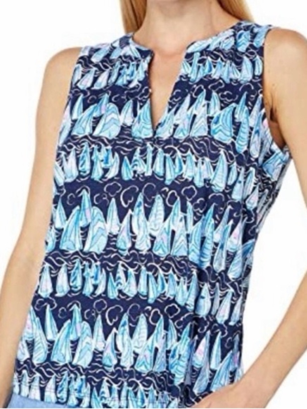 Sleeveless Navy Sailboat Print Tank